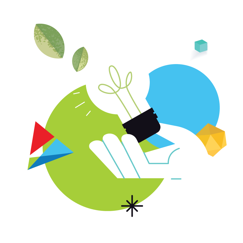 Illustration of a white hand holding a light bulb, with colorful geometric shapes and abstract elements in the background.